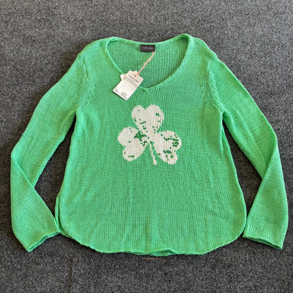 Wooden Ships Shamrock V Cotton Sweater Green S/M NWT Lucky St Patricks Day